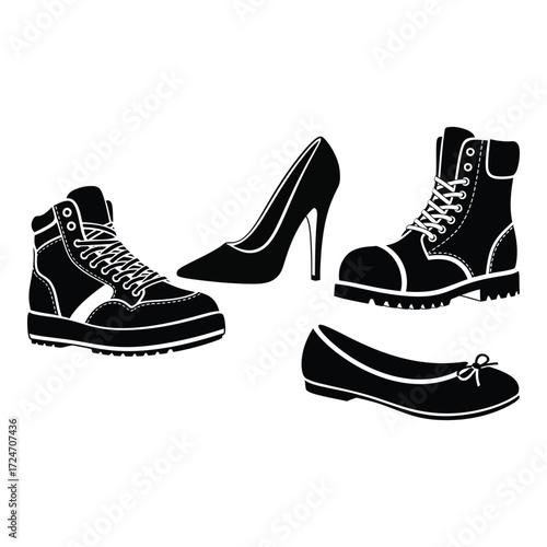 Diverse footwear collection featuring high-top sneakers boots heels and flats