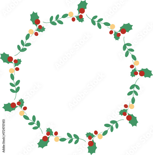 赤いリボンとオーナメントで飾られたクリスマスリースのベクターイラスト｜クリスマス, リース, リボン, 飾り, ベクター, オーナメント