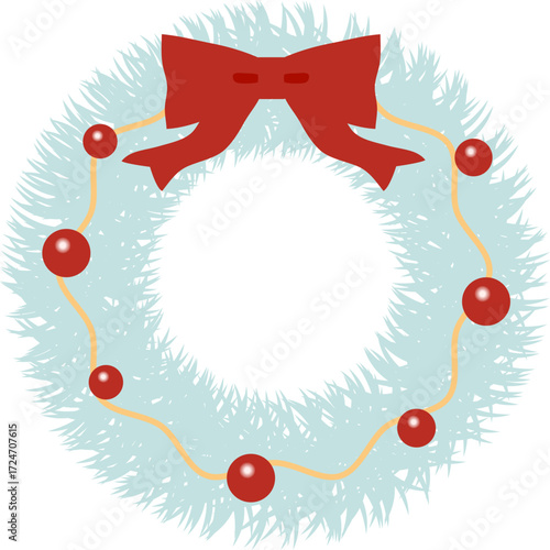 赤いリボンとオーナメントで飾られたクリスマスリースのベクターイラスト｜クリスマス, リース, リボン, 飾り, ベクター, オーナメント