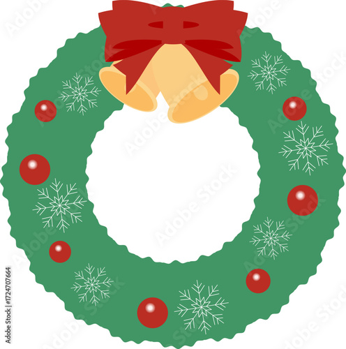 赤いリボンとオーナメントで飾られたクリスマスリースのベクターイラスト｜クリスマス, リース, リボン, 飾り, ベクター, オーナメント