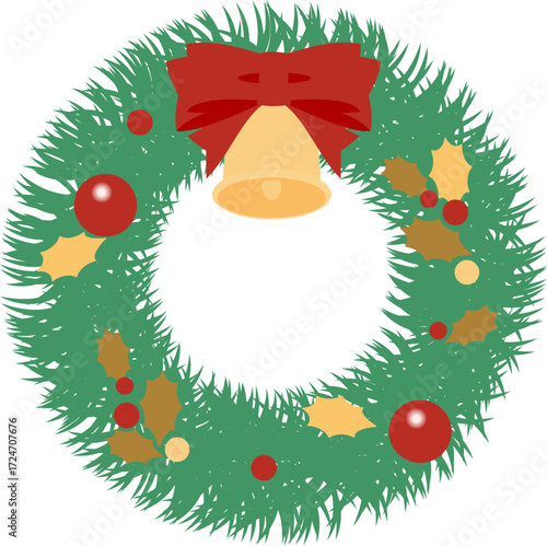 赤いリボンとオーナメントで飾られたクリスマスリースのベクターイラスト｜クリスマス, リース, リボン, 飾り, ベクター, オーナメント