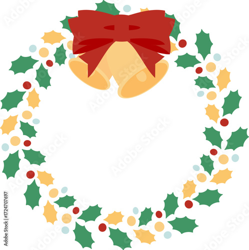 赤いリボンとオーナメントで飾られたクリスマスリースのベクターイラスト｜クリスマス, リース, リボン, 飾り, ベクター, オーナメント
