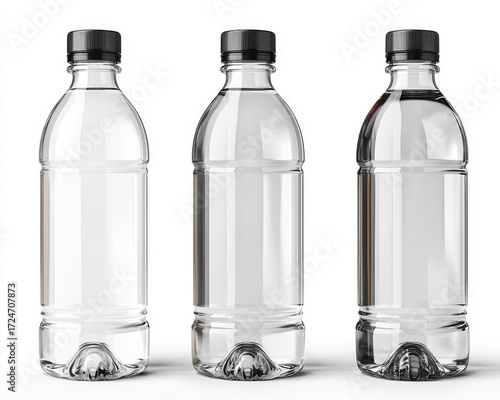 Three plastic water bottles, various filled levels