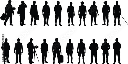 Silhouette figure, casual pose, traveler with luggage, camera tripod, phone use, standing person, black shape, urban gesture, accessory, posture