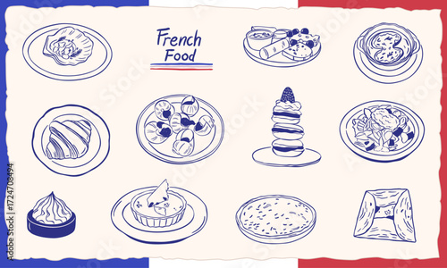 French food cuisine illustration sketch collection set - escargot, pastry, croissant