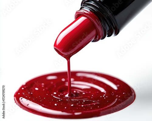 Red lipstick dripping onto a white background.  A close-up
