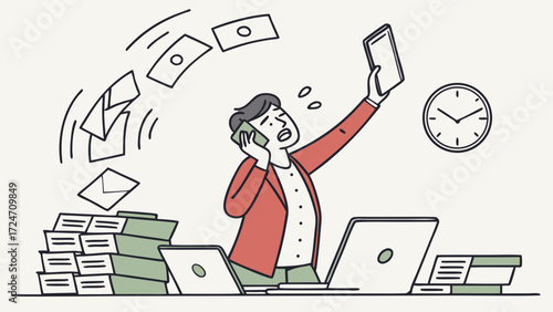 Vector Illustration of Businessman Overloaded with Phones and Gadgets Showing Stress from Technology Overuse