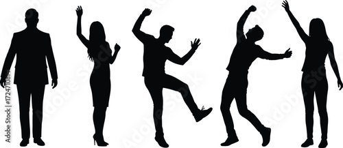 Silhouettes of people, expressive poses, dancing motion, celebration gesture, formal and casual, body language, minimal design, fashion, movement, illustration