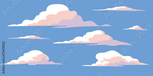 various kinds of Minimalist vector illustration of fluffy white clouds on a bright blue sky background, simple flat design style, isolated cumulus clouds with soft shadows, 