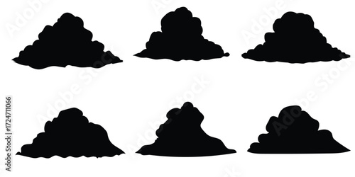 various kinds of Minimalist vector illustration of fluffy white clouds on a bright blue sky background, simple flat design style, isolated cumulus clouds with soft shadows, 