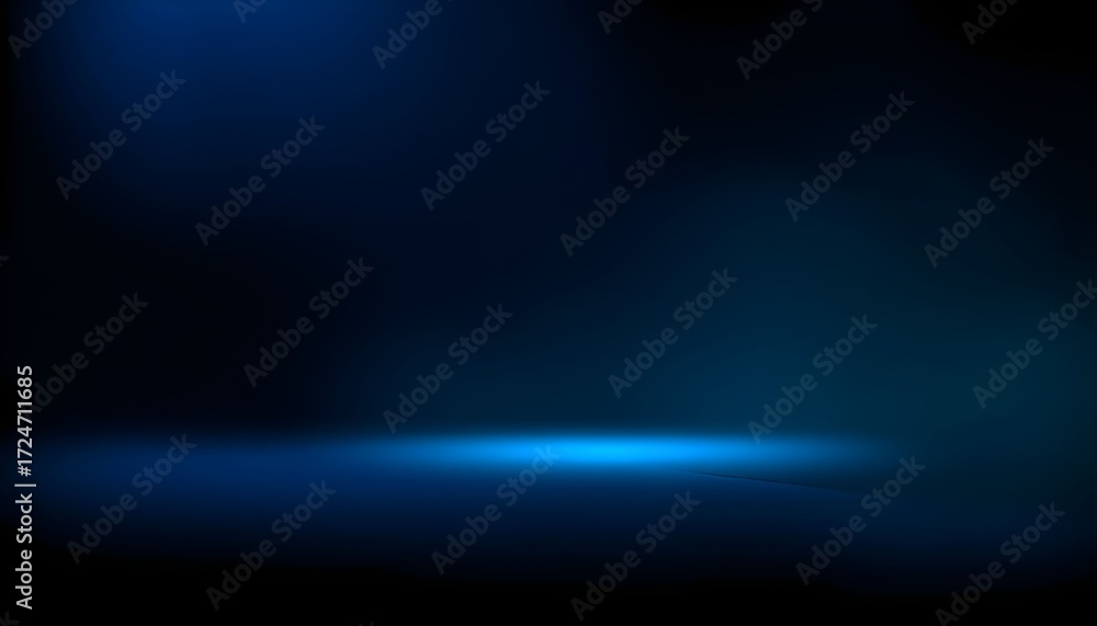 Obraz premium Abstract dark blue background with a vibrant glowing light illuminating a subtle floor or stage.