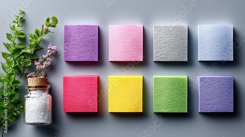Colorful Sticky Notes Array on Gray Background with Green Sprig and Jar of White Crystals Composition
