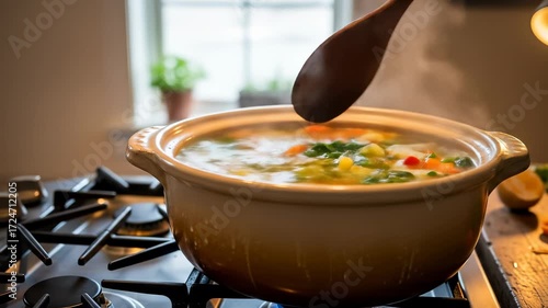 Cooking and food. Cooking delicious homemade food soup with fresh vegetables ceramic pot stove, creating cozy kitchen atmosphere and inviting warmth