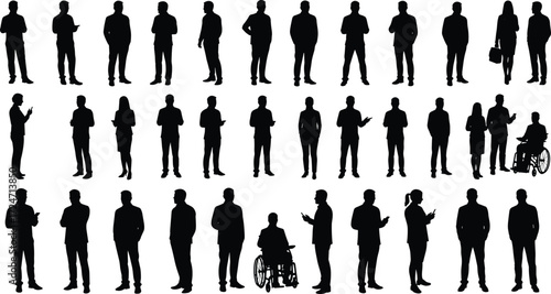 Standing silhouettes, diverse people, inclusive design, wheelchair users, body language, fashion contrast, gesture variety, minimal style, posture, illustration