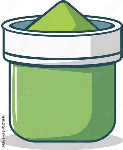 A stylized illustration of a matcha powder in a round container with a white lid and blue interior.