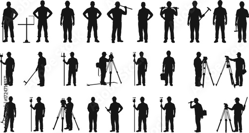 Surveyor silhouette vector set, land measurement poses, tripod equipment, theodolite, total station, fieldwork, mapping, construction, engineering, safety, design