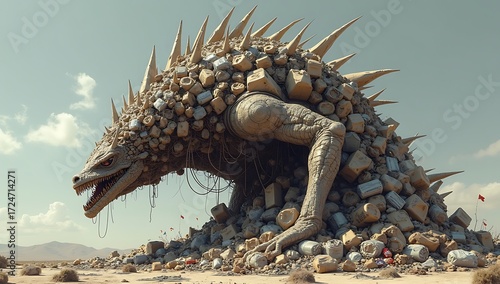 A monstrous creature built from shopping bags and packaging waste, symbolizing overconsumption and materialism.