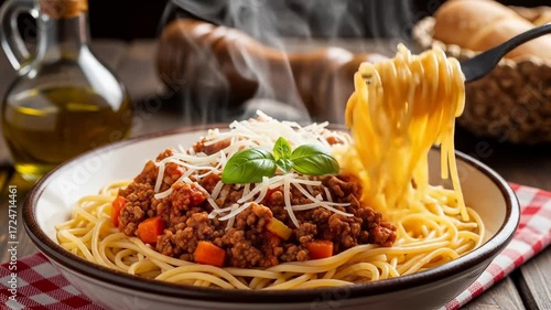 Cooking and food. Spaghetti with meat sauce and cheese on plate, steam rising, cooking food in cozy kitchen setting, inviting and delicious meal