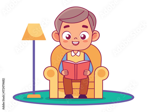 Grandfather reading book in armchair cartoon illustration enjoying leisure time