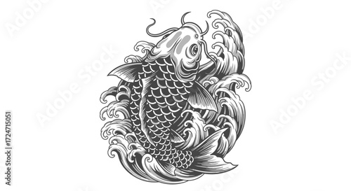Engraved Carp with Water Waves Illustration for Apparel and Print Design