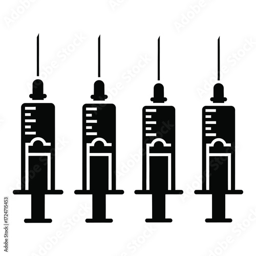 Four medical syringes with needles isolated on transparent background silhouette icon