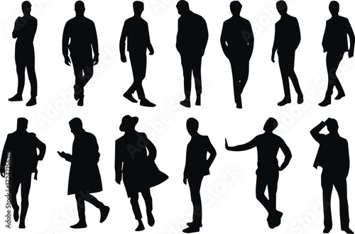 Male silhouette collection, business casual poses, walking standing gestures, stylish men fashion vector, cad drawing flat vector illustration