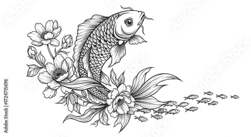 Koi Fish with Flowers Illustration