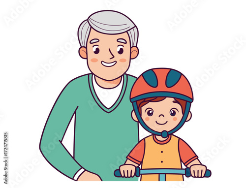 Grandfather and grandson illustration sharing a loving moment with scooter