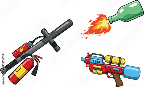 Fantasy weapon illustration, Molotov cocktail design, futuristic water gun, fire extinguisher tool, creative weapon concept, survival gear art, imaginative combat equipment