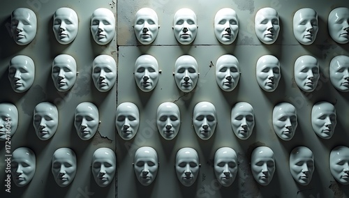 A wall covered with hundreds of expressionless masks, symbolizing conformity and hidden identity in society.