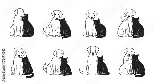 Dog and Cat Together Cute Friendly Pets Illustration Seamless Pattern