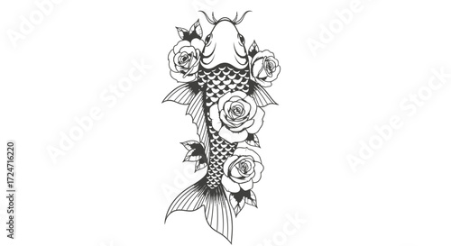 Elegant Carp and Roses Ink Drawing Illustration for Tattoo Design or Print