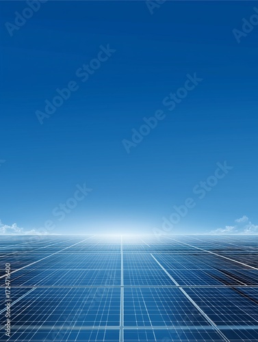 Solar Panels under Blue Sky: A vast array of solar panels stretches towards the horizon under a brilliant blue sky, harnessing clean energy and promoting sustainability.