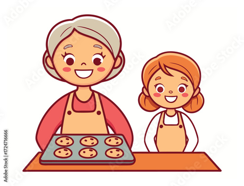 Grandmother and granddaughter baking cookies together family cartoon illustration