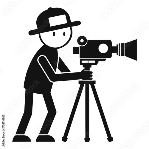 Simple pictogram of a cameraman filming with a vintage camera on a tripod vector eps illustration vector
