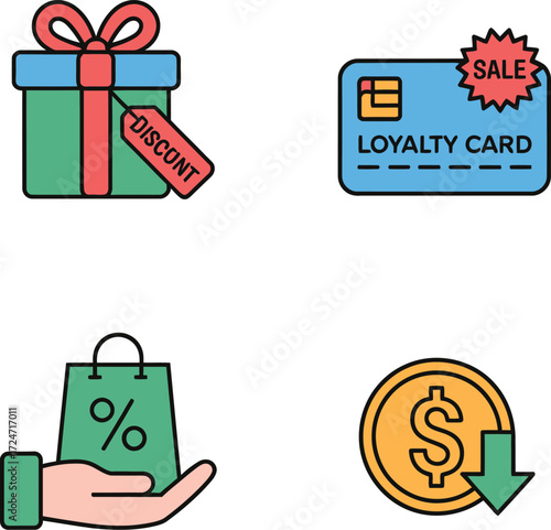 Discount gift loyalty shopping coin money saving icons set for commerce promotion vector