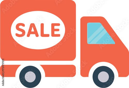 Orange delivery truck with sale sign moving fast for commerce and retail vector