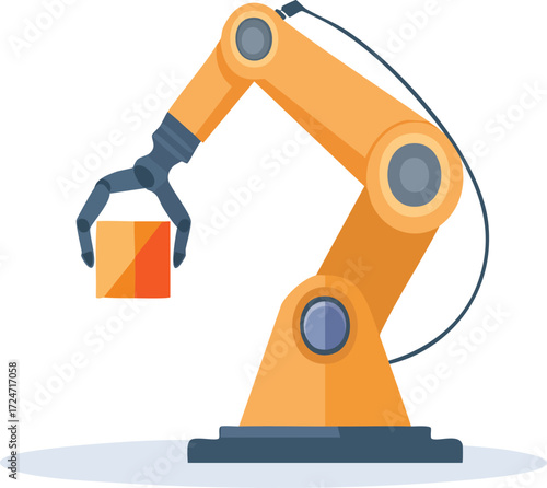 A flat vector illustration of an industrial robotic arm manipulator holding a cube, symbolizing automation, modern manufacturing, and technological advancement