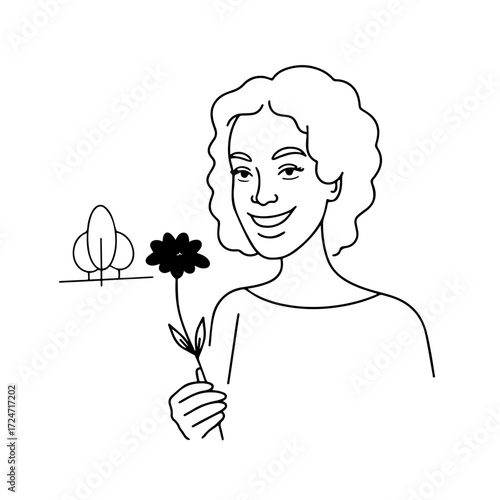 Black and white vector illustration of a beautiful woman holding a flower, minimal clean line art style