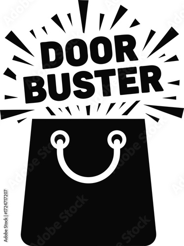 Door buster shopping bag bursting with excitement sale announcement vector
