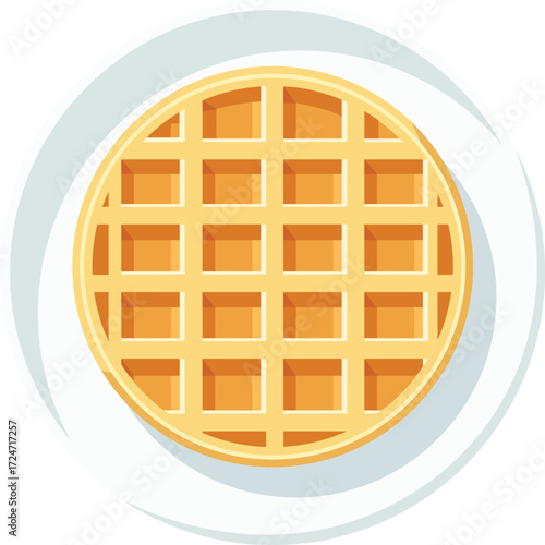 An illustration of a round waffle with a grid pattern, presented on a white plate with a swirling design.