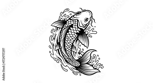 Elegant Koi Fish Illustration Swimming Upstream in Black and White