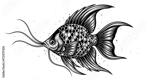 Elegant Angelfish in Black and White Ornamental Illustration