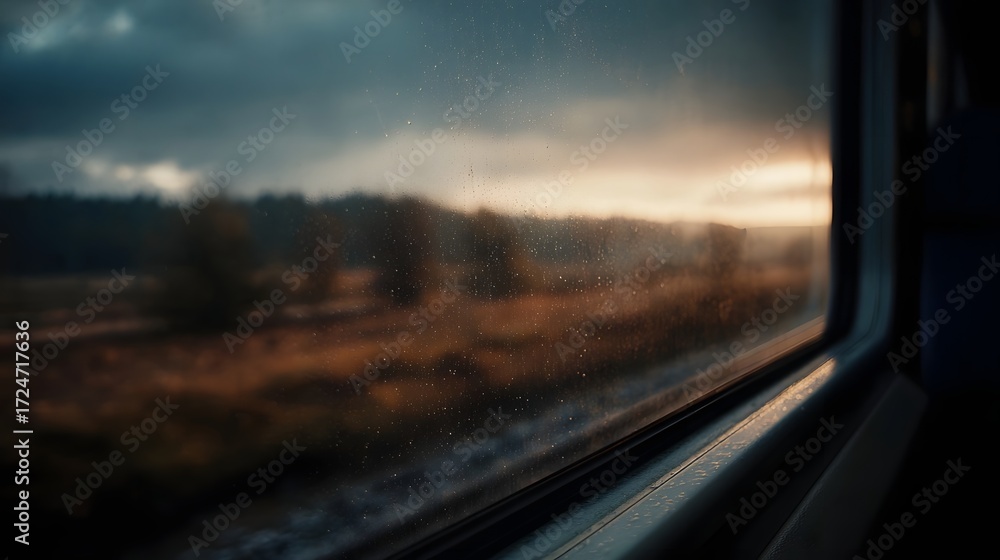 Fototapeta premium View through a train window at a blurred rural landscape during golden hour sunset