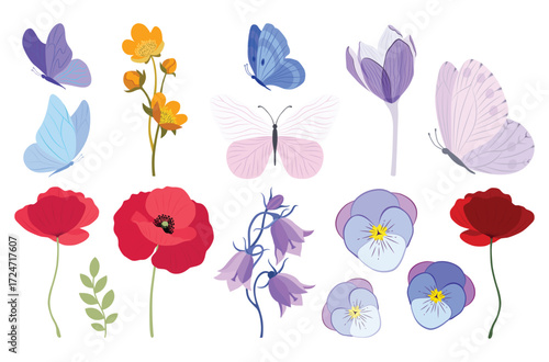 Summer meadow flowers. Poppy flowers. Pink, red, green colors. Flowers pattern,  watercolor illustration flower summer field butterfly ladybird bugs herbal kitchen towel romantic bud wildflower