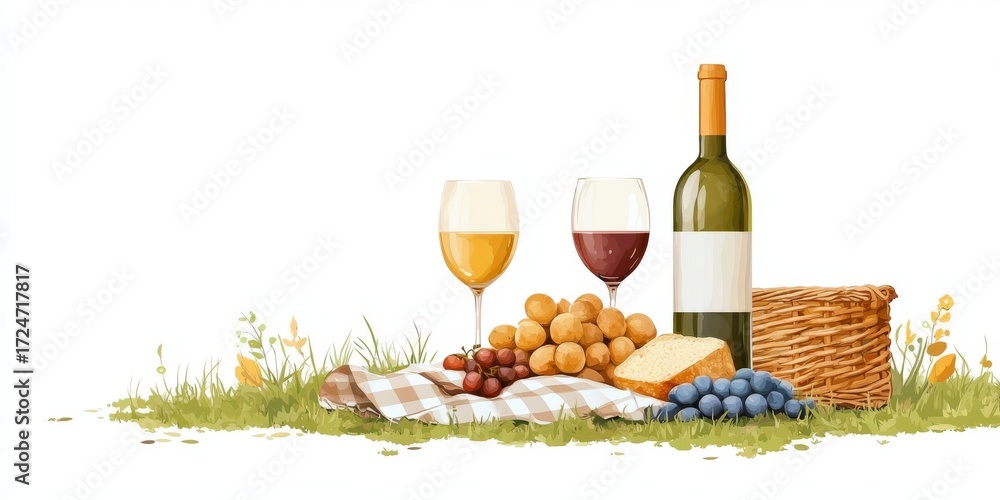 Naklejka premium Romantic Picnic Setup with Wine and Artful Arrangement of Fruits and Cheese on a Sunlit Meadow Scenery