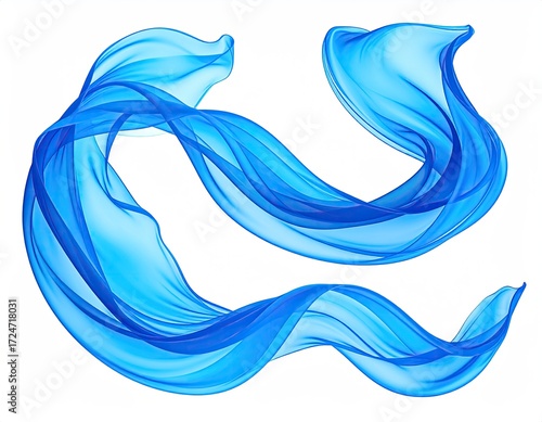 Two translucent, light-blue fabric ribbons flow and swirl against a stark white background, creating dynamic, elegant curves