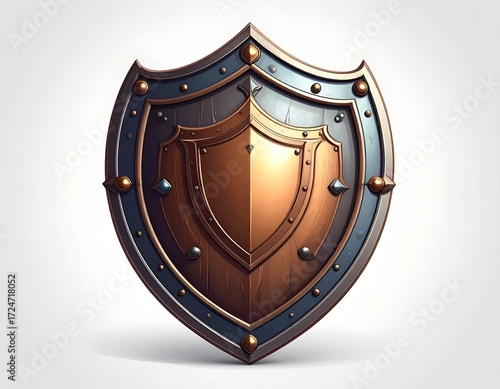 A stylized wooden and metallic shield, boasting a smaller, golden inner shield.  Dark blue trim accents the edges, studded with metallic rivets
