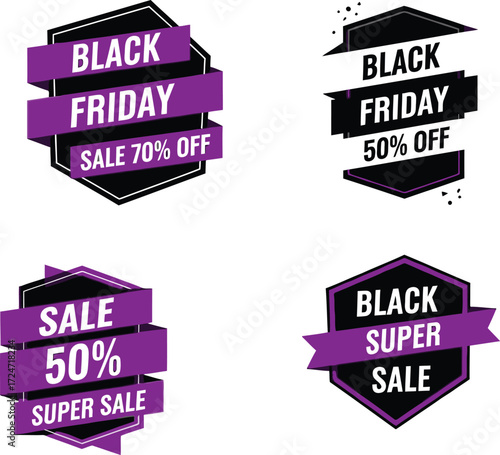 Black friday sale badges and discounts for retail promotion and marketing vector