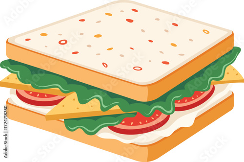 Isometric illustration of a sandwich with lettuce, tomato, cheese, and mayonnaise between two slices of bread.